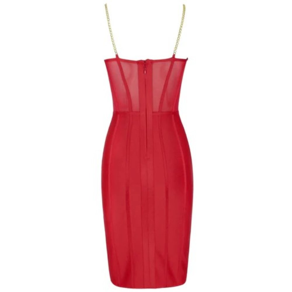 Red Top Chain Link Bandage Body Con Short Dress - Picture 7 of 14
